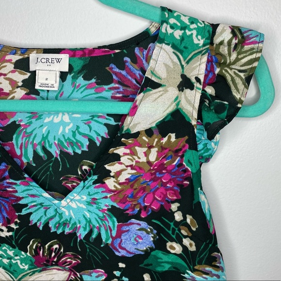 Vintage J. Crew Black Floral Print V-Neck Flutter Sleeve Tank Top Blouse - Picture 6 of 9
